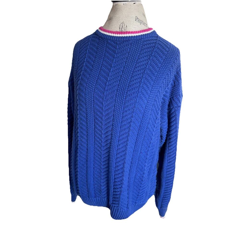 Vintage Eddie Bauer Cable Knit Sweater Womens L Blue Cotton Crewneck Pullover